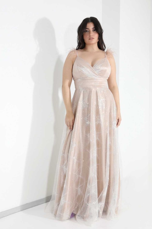 Φόρεμα μάξι glitter με τιράντα και πούπουλο